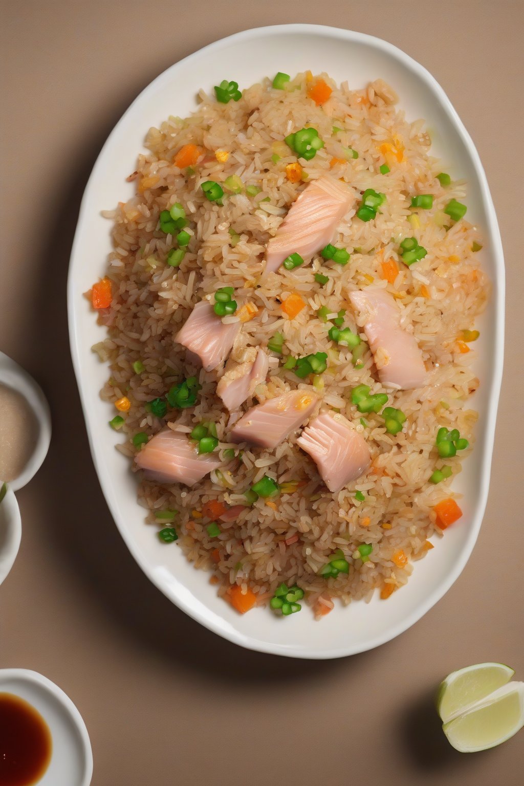 A high-resolution photo of tuna fried rice with flaky fish mixed into fluffy grains, under soft lighting.