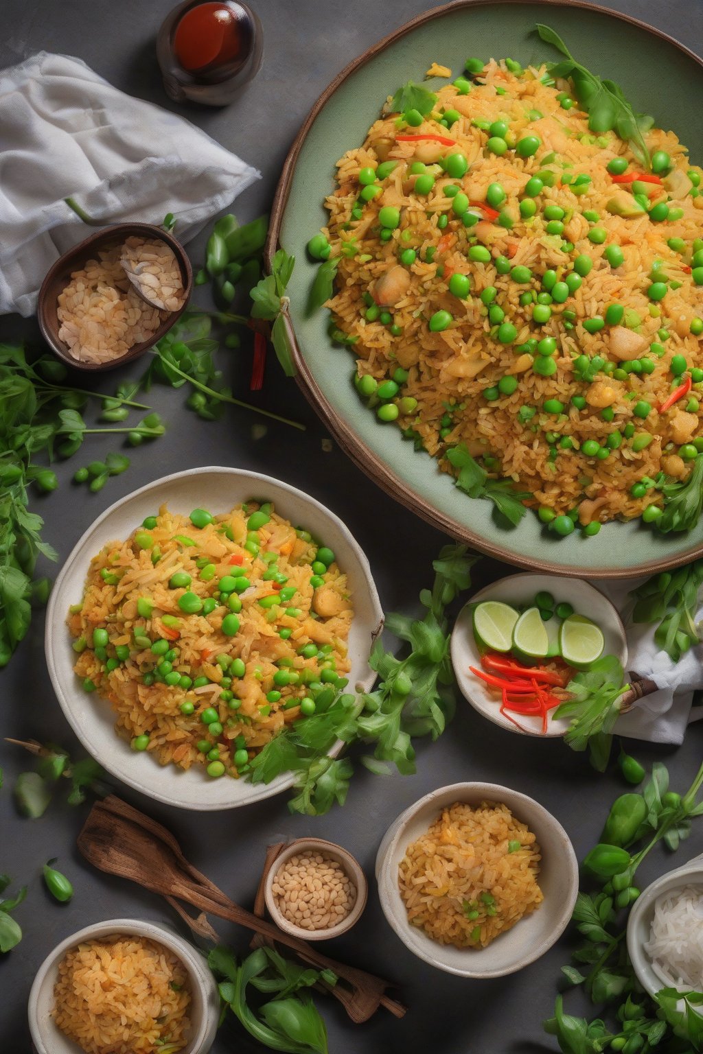 A high-resolution photo of fragrant yellow curry fried rice with peas, under soft lighting.