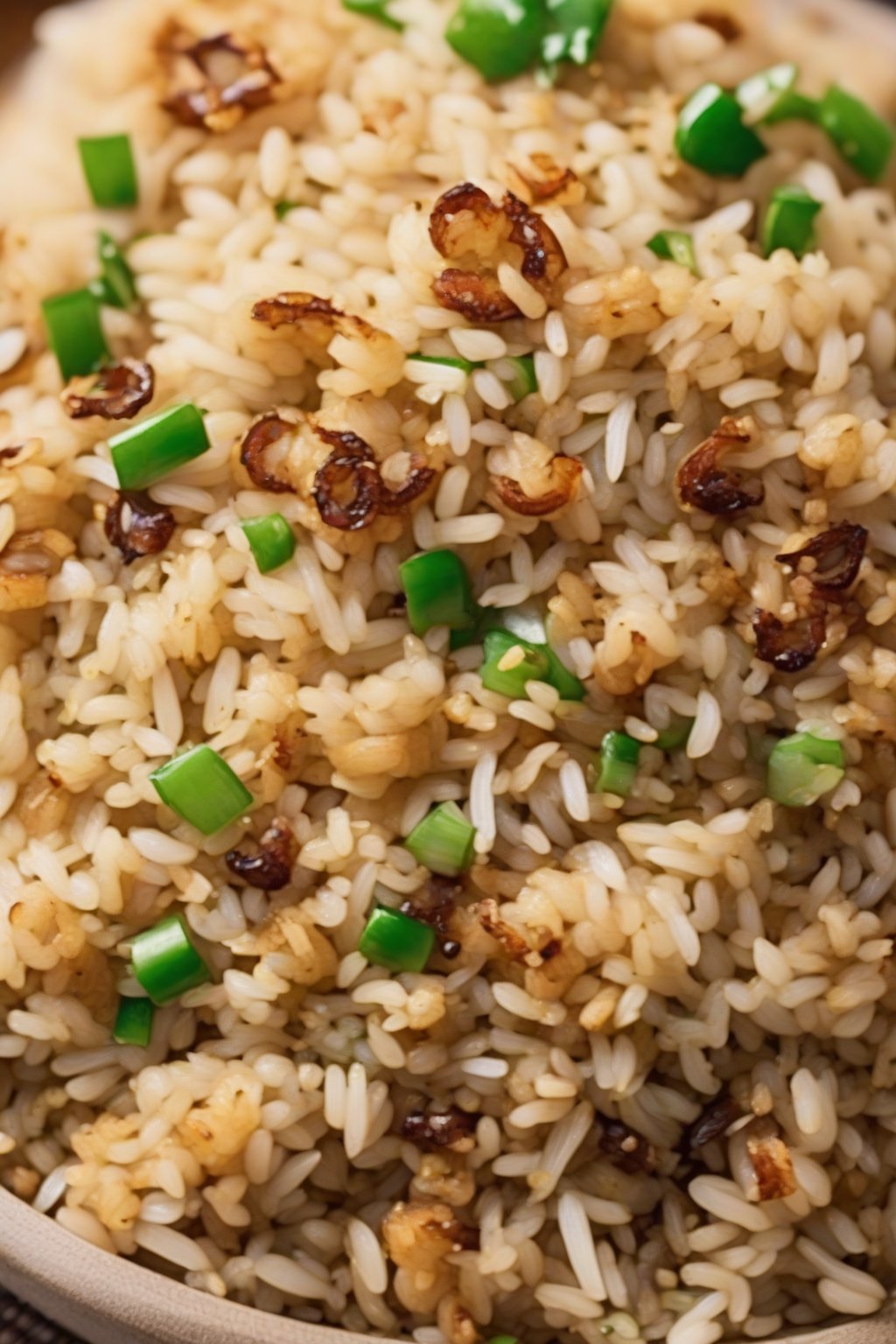 A high-resolution photo of garlic fried rice with crispy browned bits, under soft lighting.