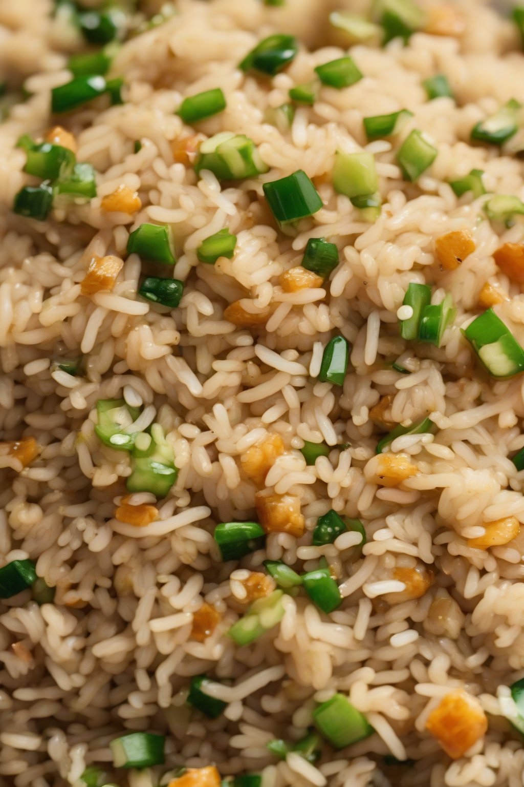 A high-resolution photo of sesame fried rice glistening with oil and seeds, under soft lighting.