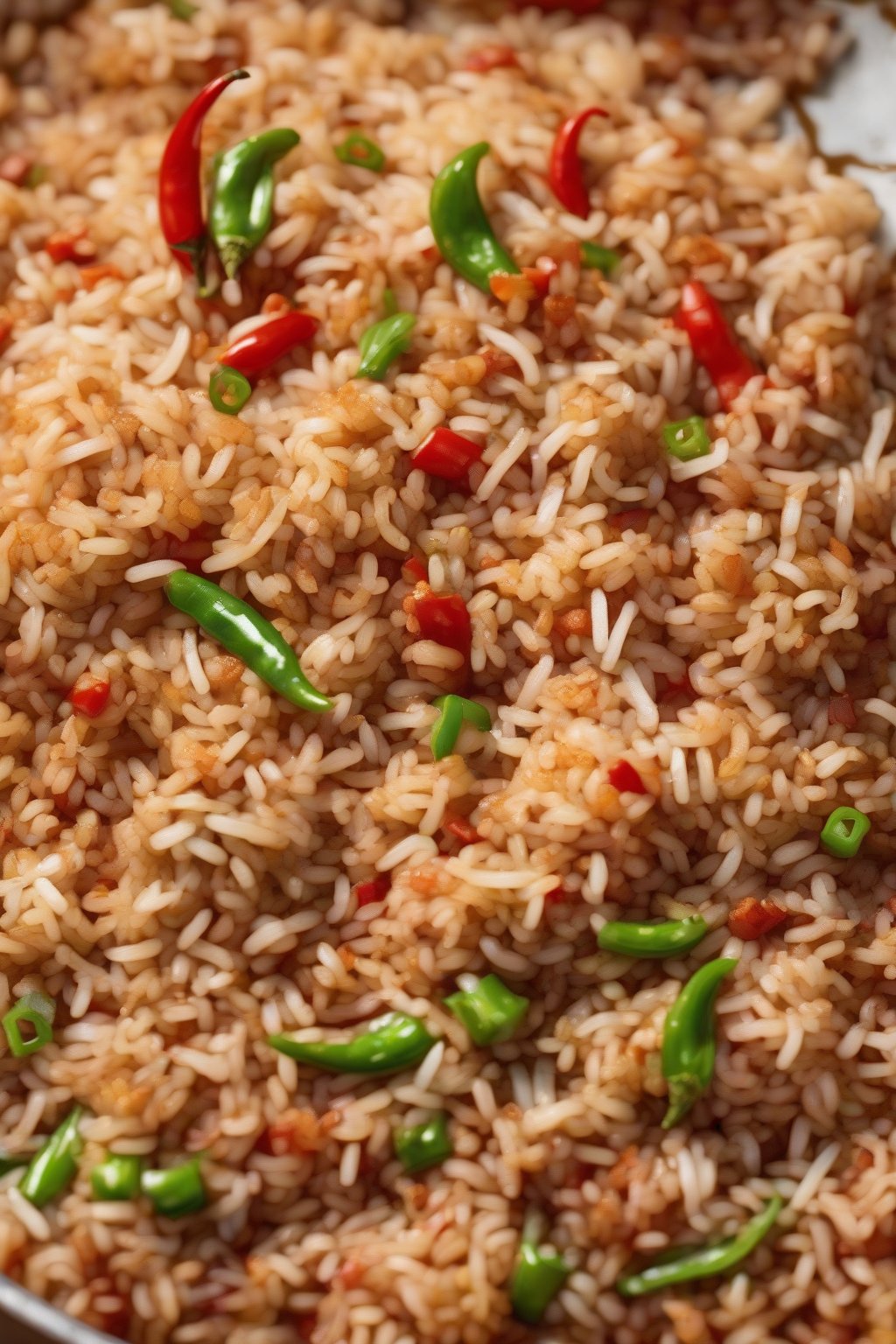 A high-resolution photo of red-flecked spicy chili fried rice, steam rising, under soft lighting.