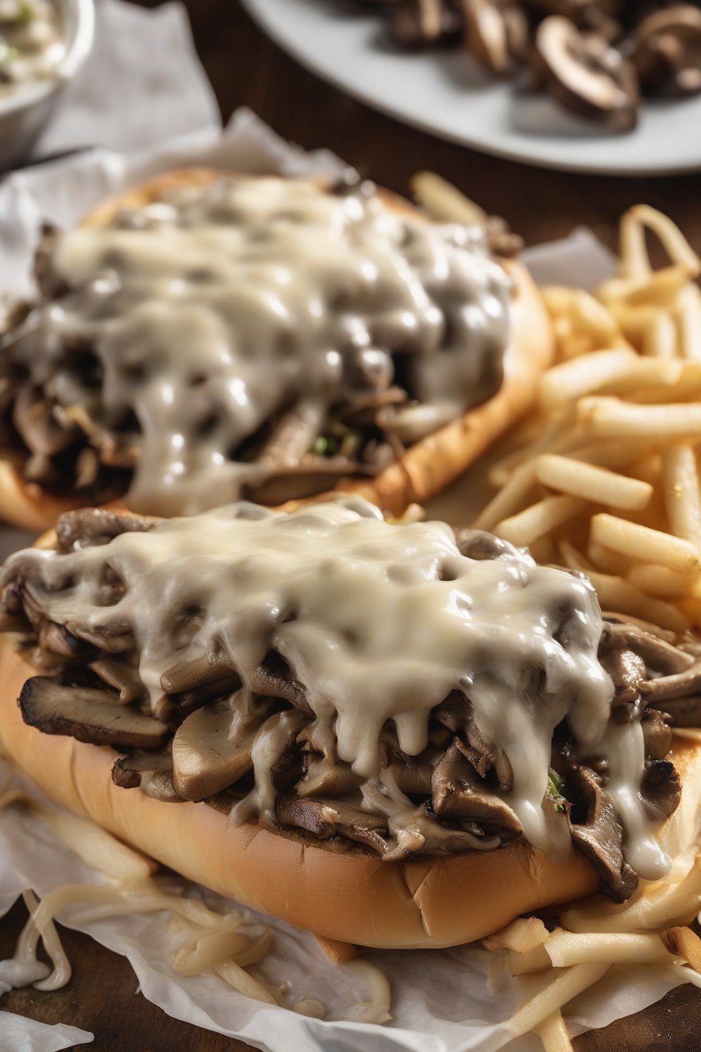 A high-resolution photo of a mushroom-loaded Philly cheesesteak with Whiz dripping over sautéed mushrooms and beef, steam rising from the open roll, under soft lighting.
