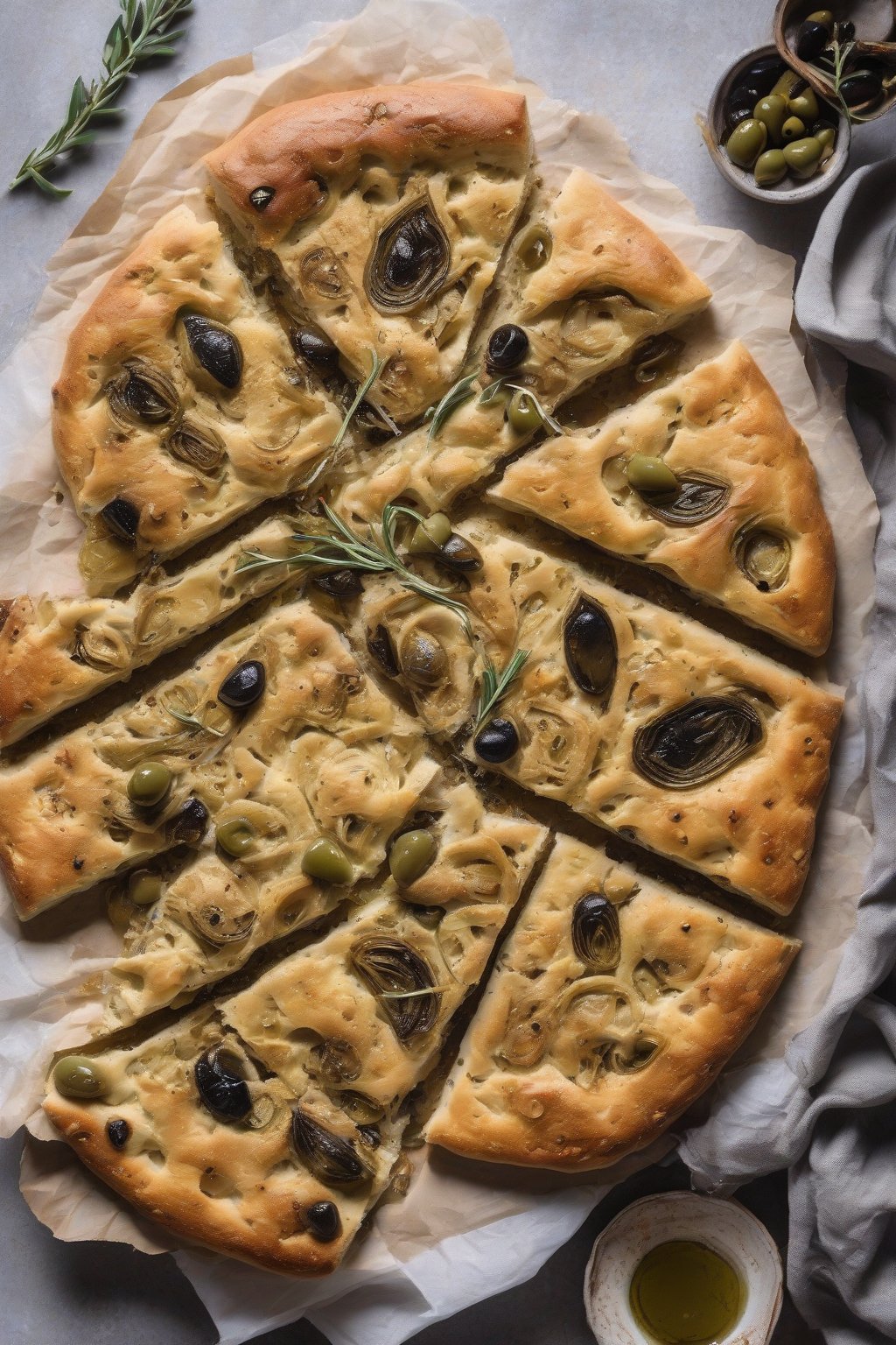 A high-resolution photo of artichoke and olive vegan focaccia with rustic dimples under soft lighting.