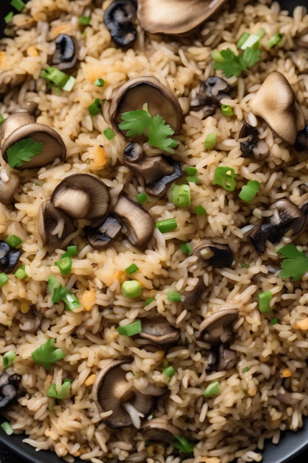 A high-resolution photo of mushroom fried rice with dark, savory pieces blended in, under soft lighting.