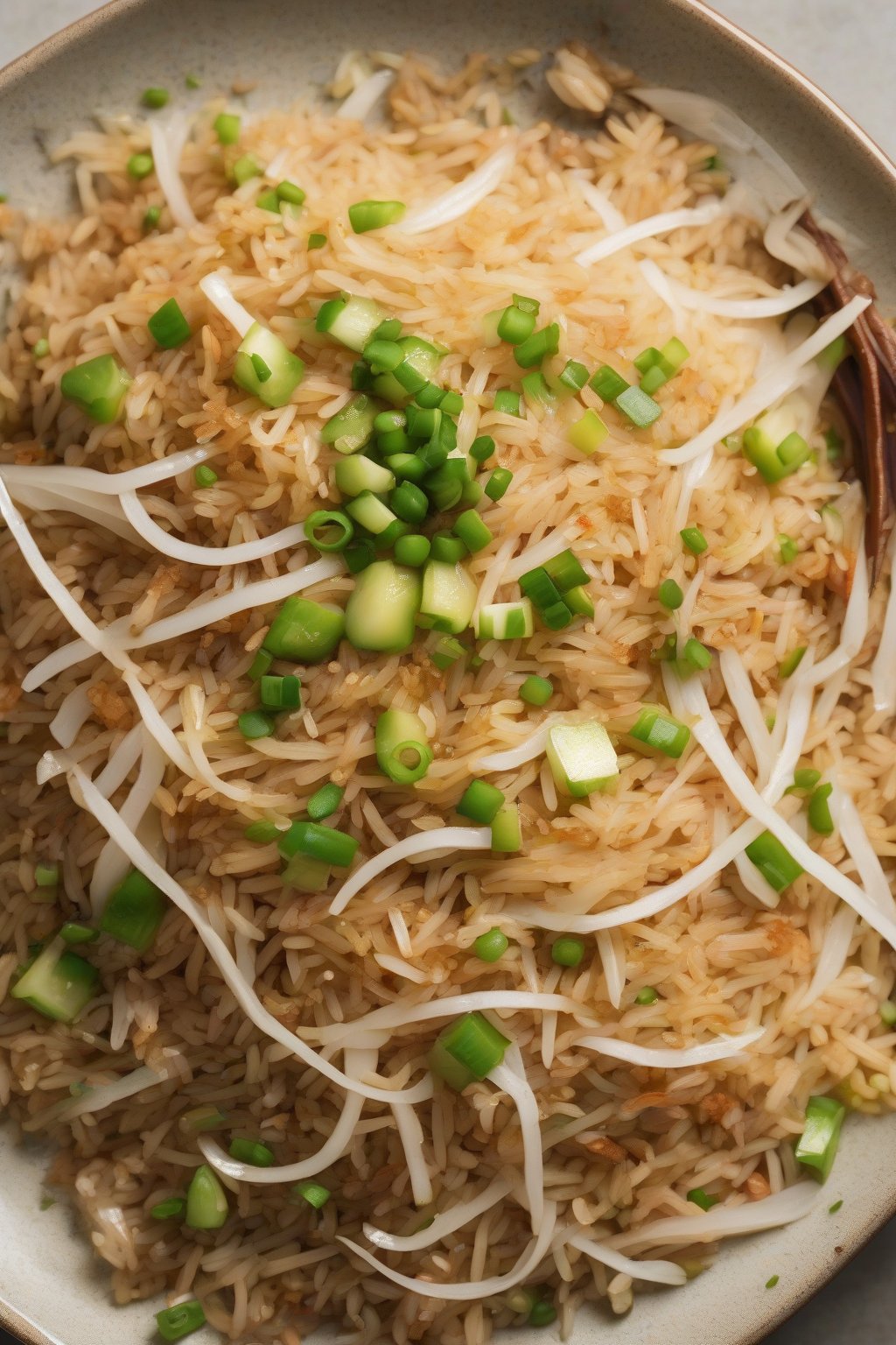 A high-resolution photo of bean sprout fried rice with crisp white strands, under soft lighting.