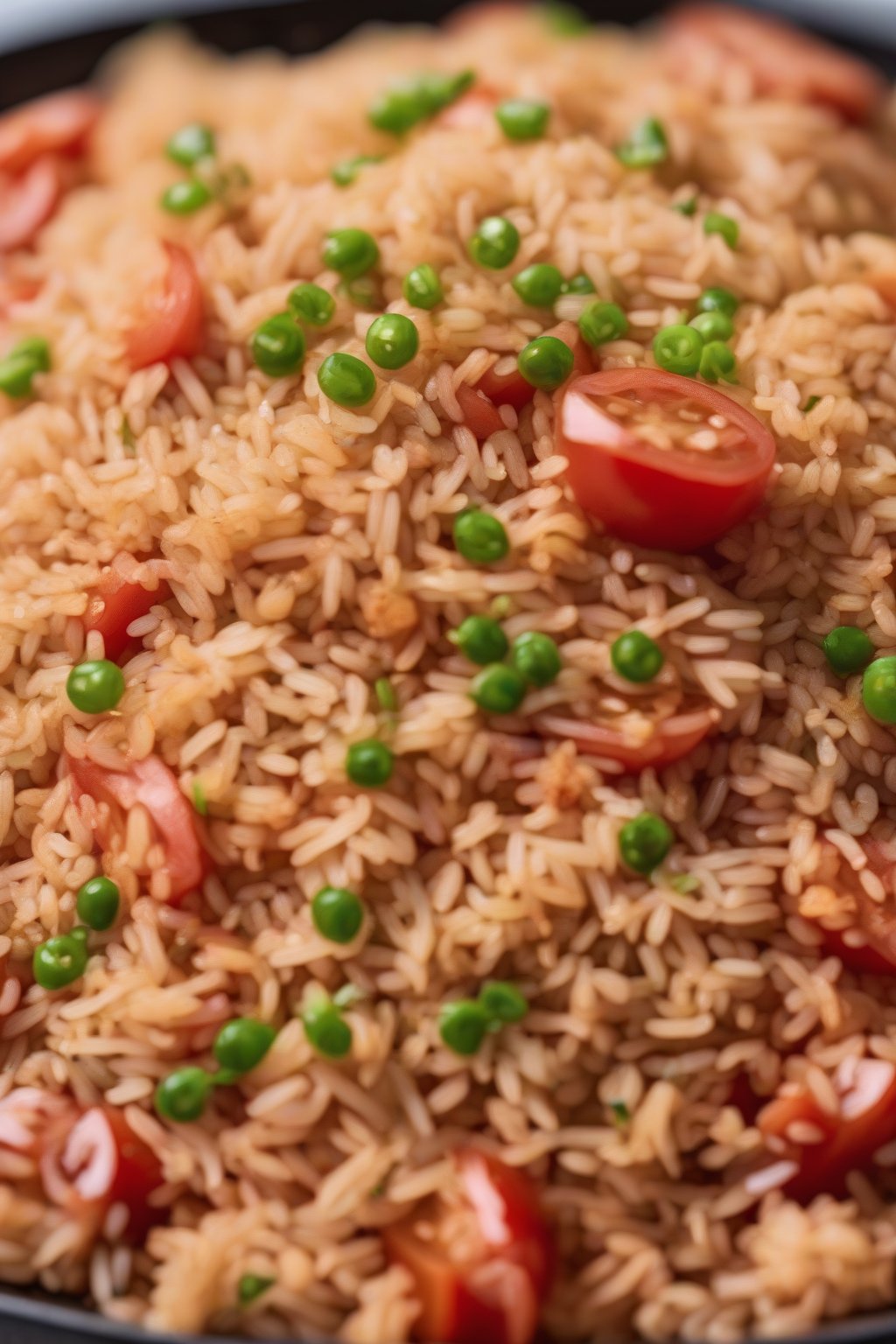 A high-resolution photo of tomato fried rice with red juices staining the grains, under soft lighting.