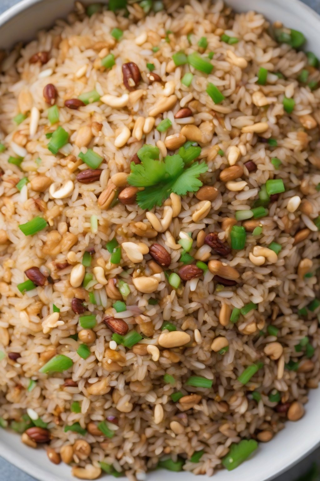 A high-resolution photo of peanut fried rice topped with chopped nuts, under soft lighting.