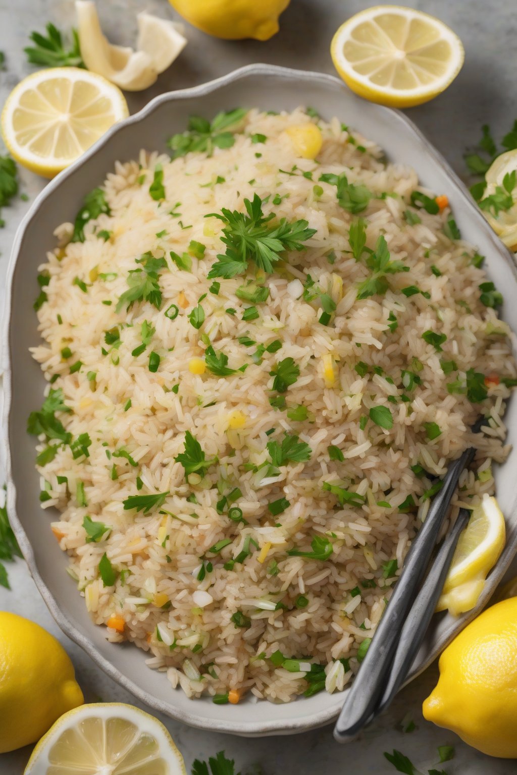 A high-resolution photo of zesty lemon herb fried rice with fresh herb flecks, under soft lighting.
