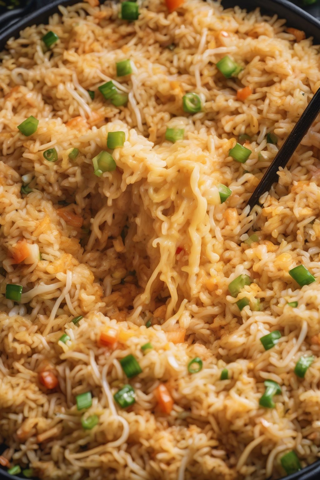 A high-resolution photo of cheesy fried rice with melted strings pulling apart, under soft lighting.
