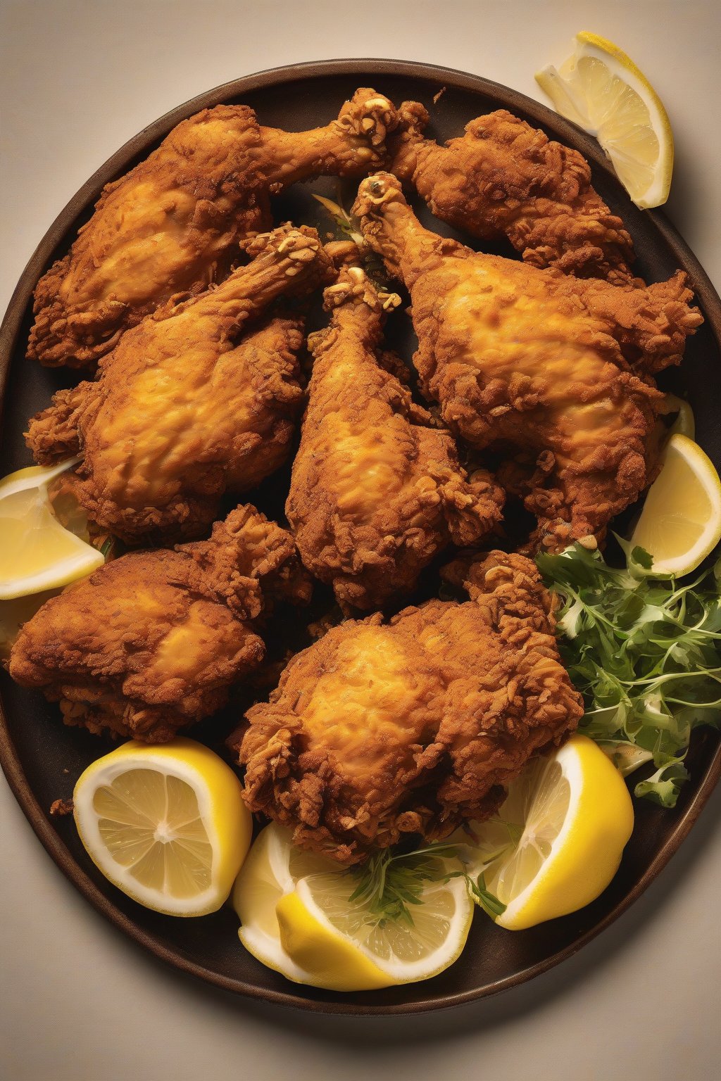 A high-resolution photo of a golden buttermilk fried chicken plate from Salt, Fat, Acid, Heat, garnished with lemon wedges, under soft lighting.