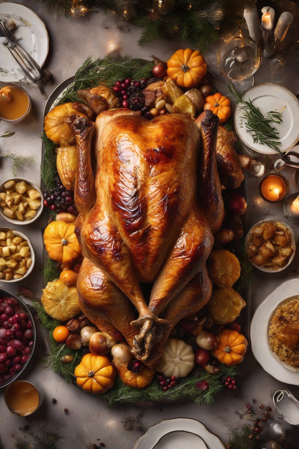 A high-resolution photo of a festive roast turkey surrounded by sides from The Joy of Cooking, steam rising, under soft lighting.