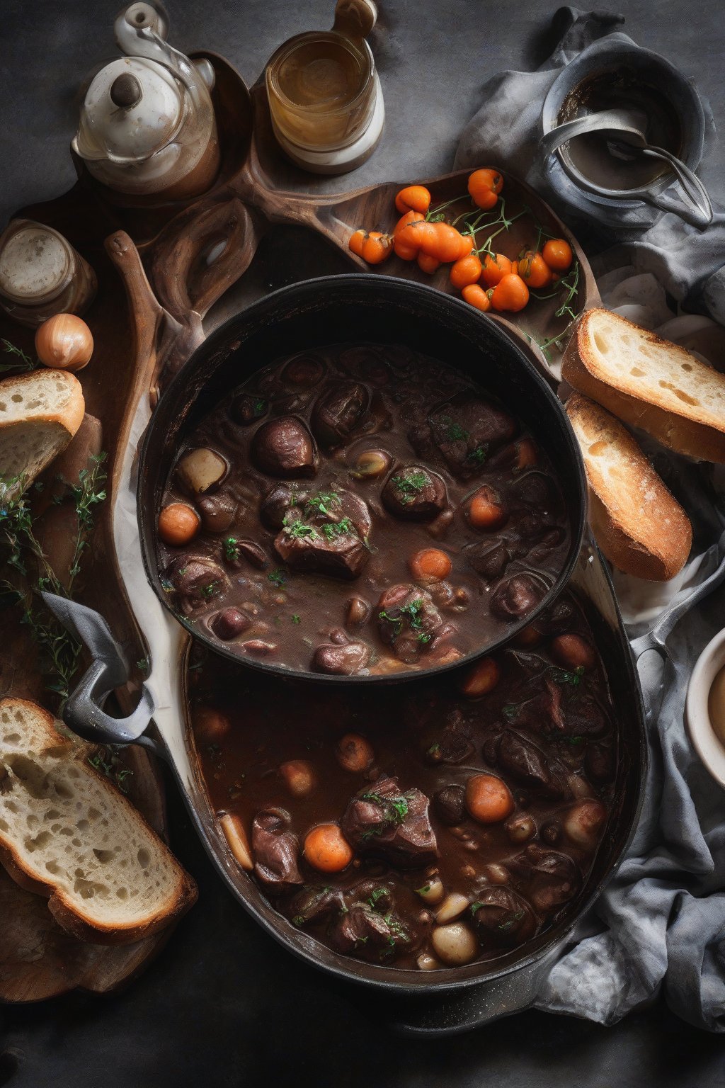 A high-resolution photo of bubbling boeuf bourguignon in a Le Creuset pot from Julia Child's book, with crusty bread, under soft lighting.