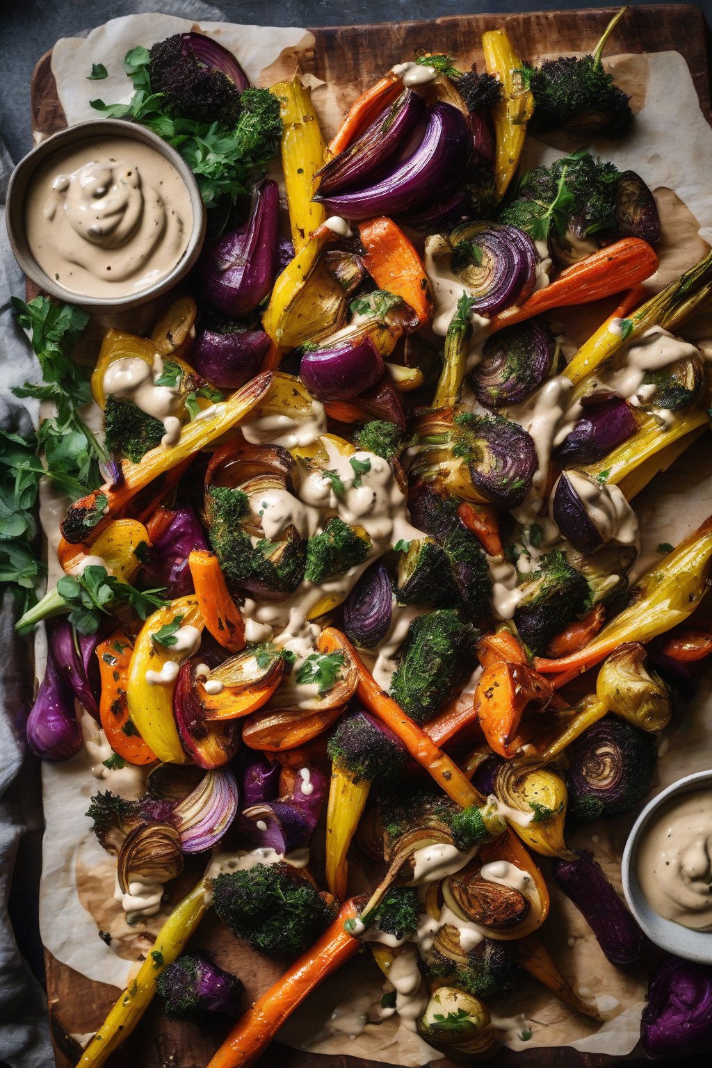 A high-resolution photo of colorful Ottolenghi roasted veggies with tahini drizzle on a rustic board, under soft lighting.