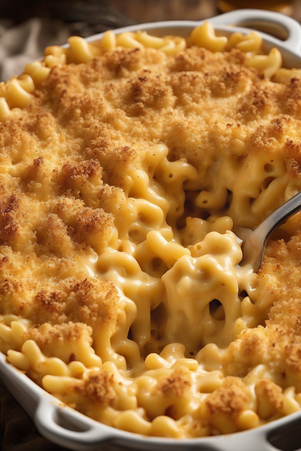 A high-resolution photo of golden-baked classic mac and cheese with a crispy breadcrumb topping, bubbling cheese edges, under soft lighting.
