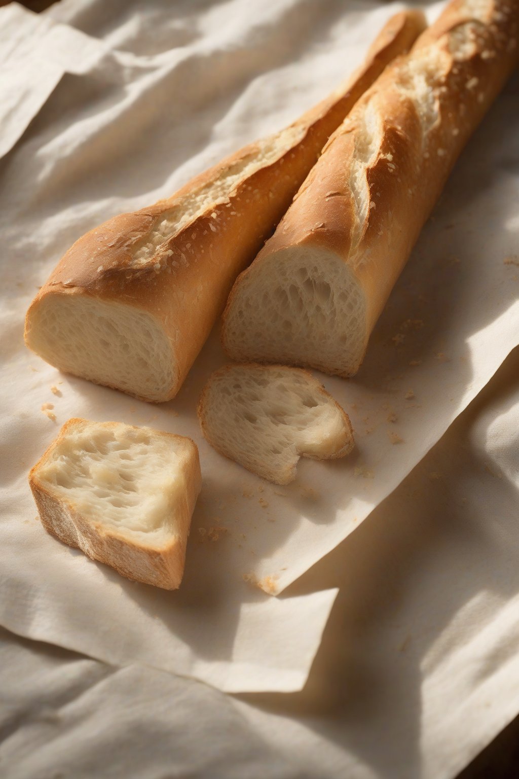 A high-resolution photo of a sliced perfect baguette revealing crumb structure next to McGee's book, under soft lighting.