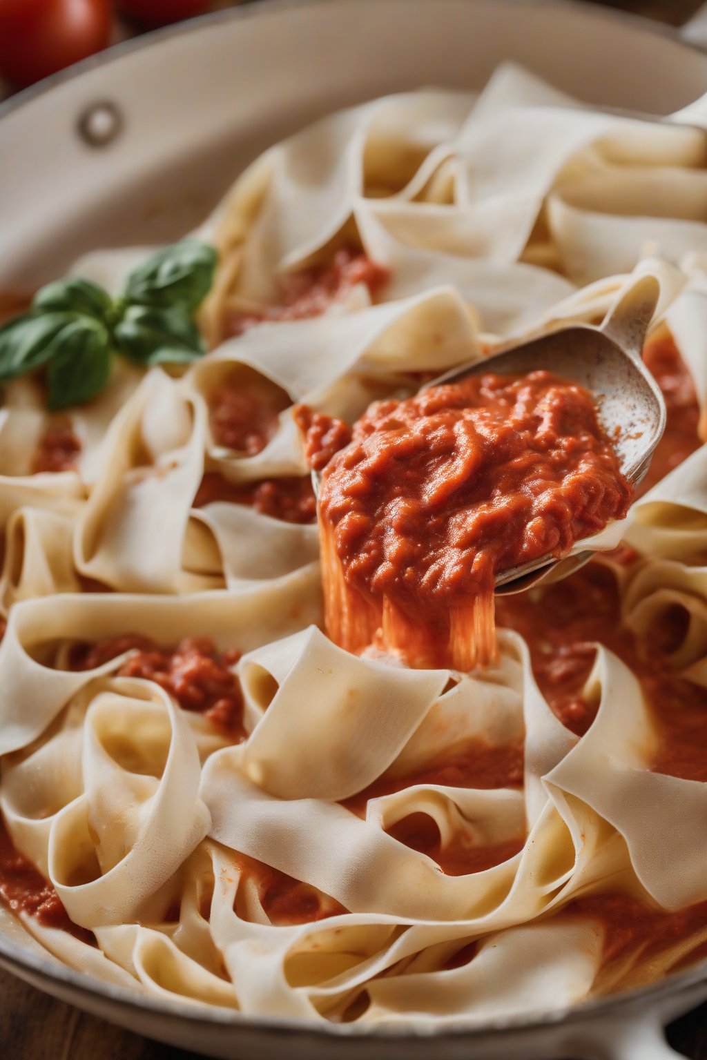 A high-resolution photo of Marcella's iconic 3-ingredient tomato sauce over pappardelle, bubbling gently, under soft lighting.