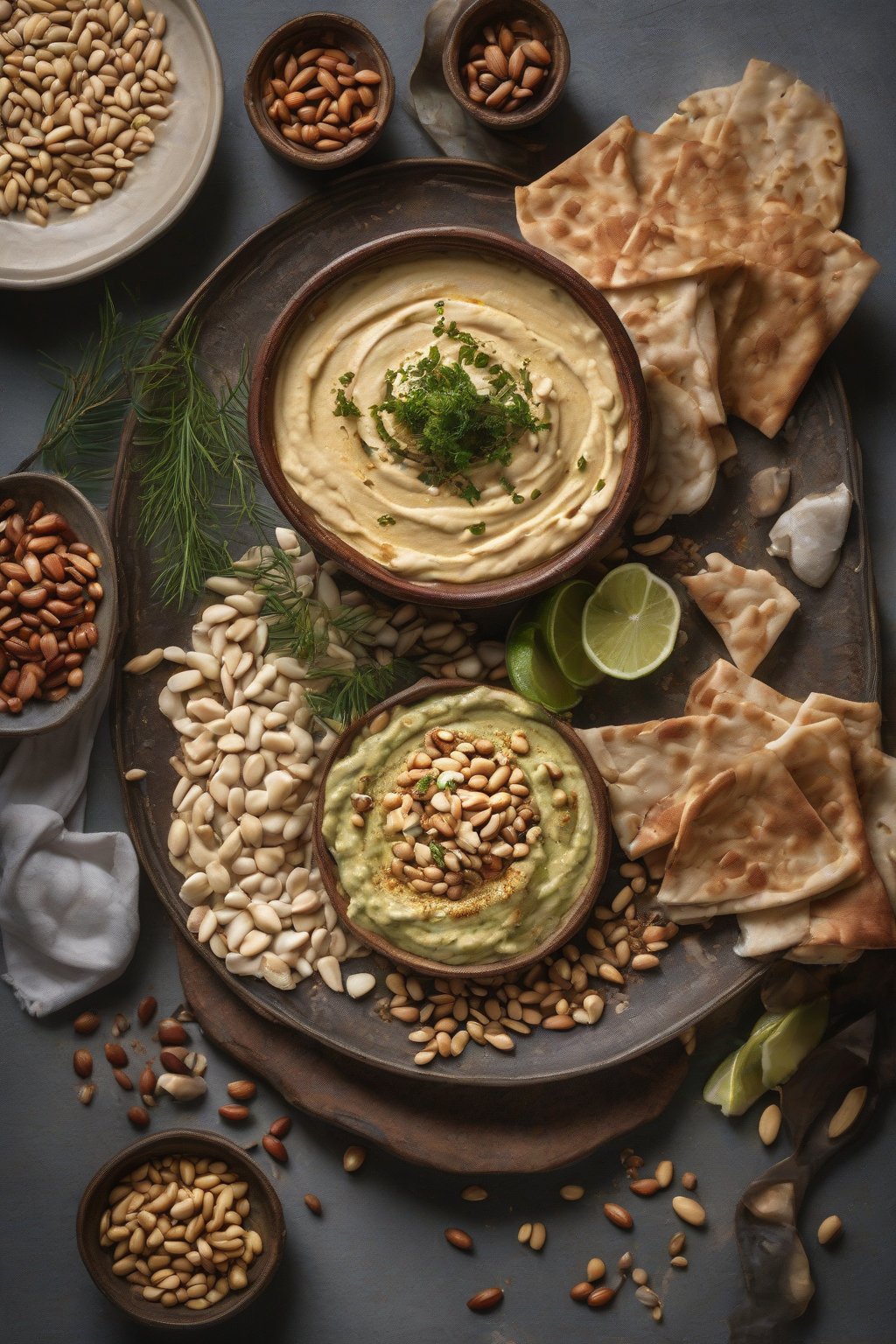 A high-resolution photo of overflowing hummus bowl topped with pine nuts from Jerusalem cookbook, pita alongside, under soft lighting.