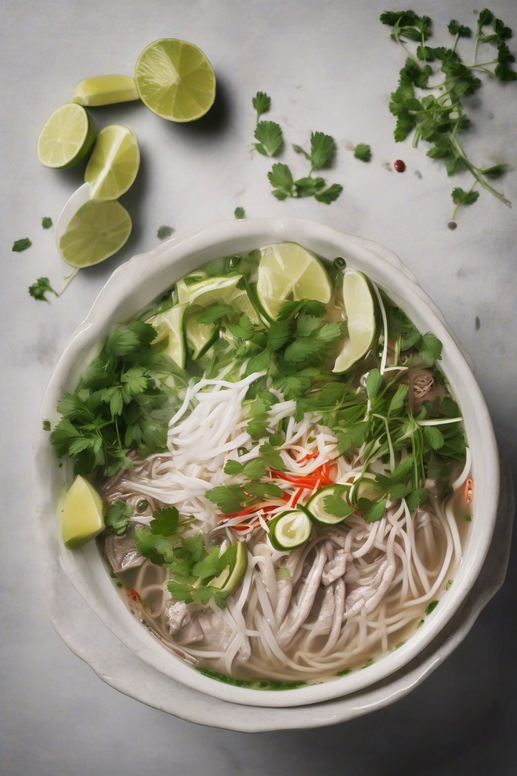 A high-resolution photo of steaming Milk Street pho bowl with herbs and lime, under soft lighting.