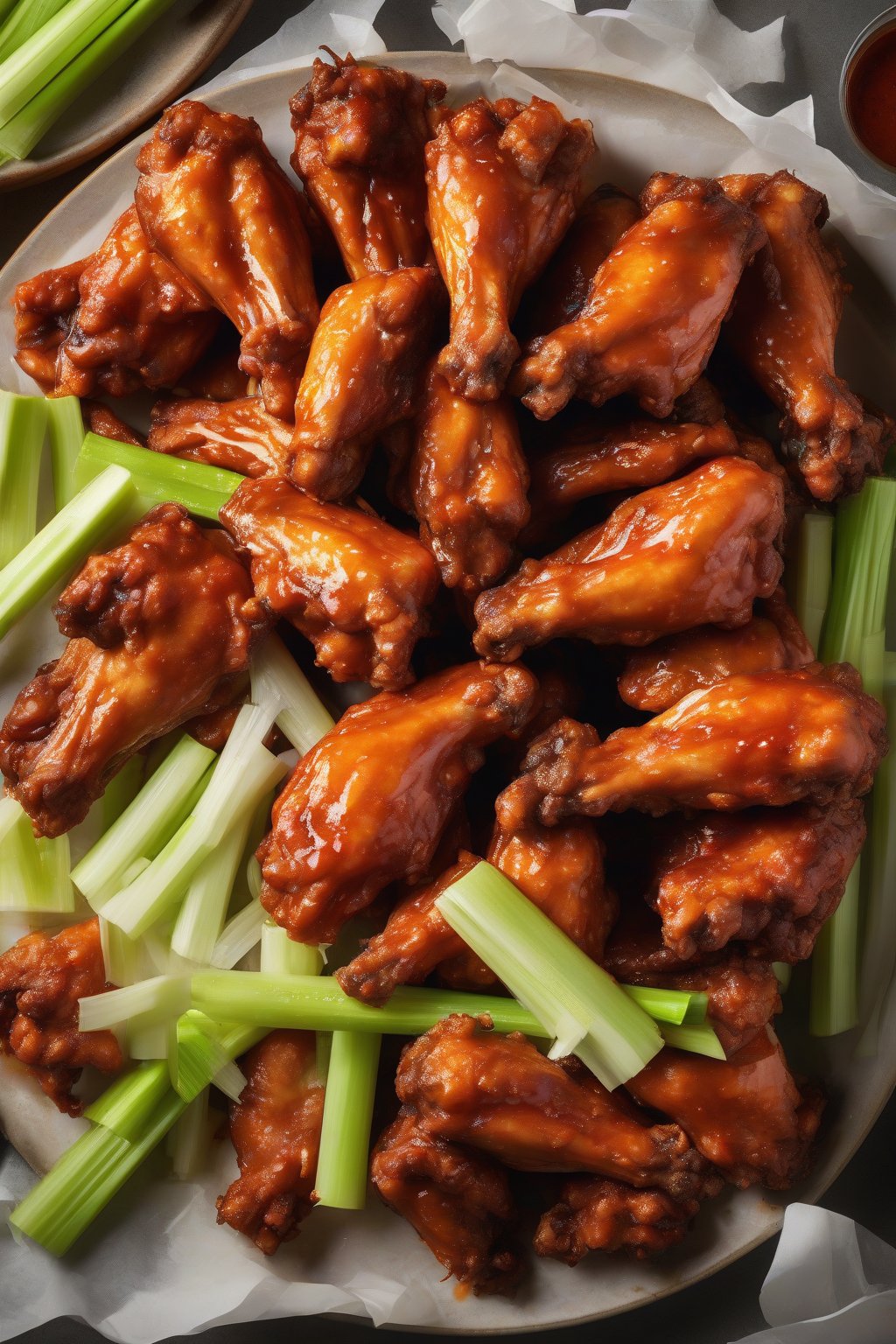 A high-resolution photo of glossy buffalo wings piled high from The Food Lab, celery sticks nearby, under soft lighting.