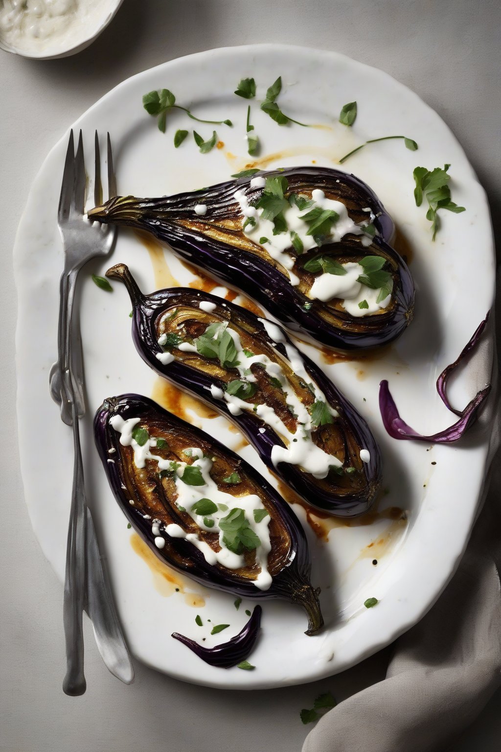 A high-resolution photo of Ottolenghi's charred eggplant with buttermilk drizzle on a white plate, under soft lighting.