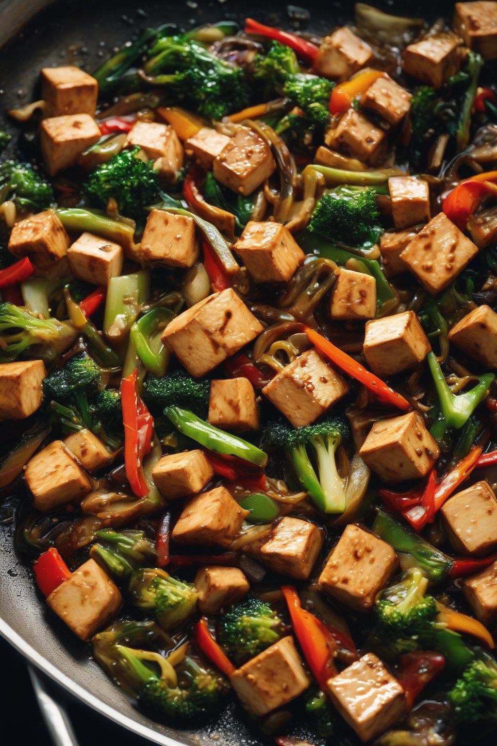 A high-resolution photo of Bittman's simple stir-fry with tofu and veggies in a wok, vibrant and steaming, under soft lighting.