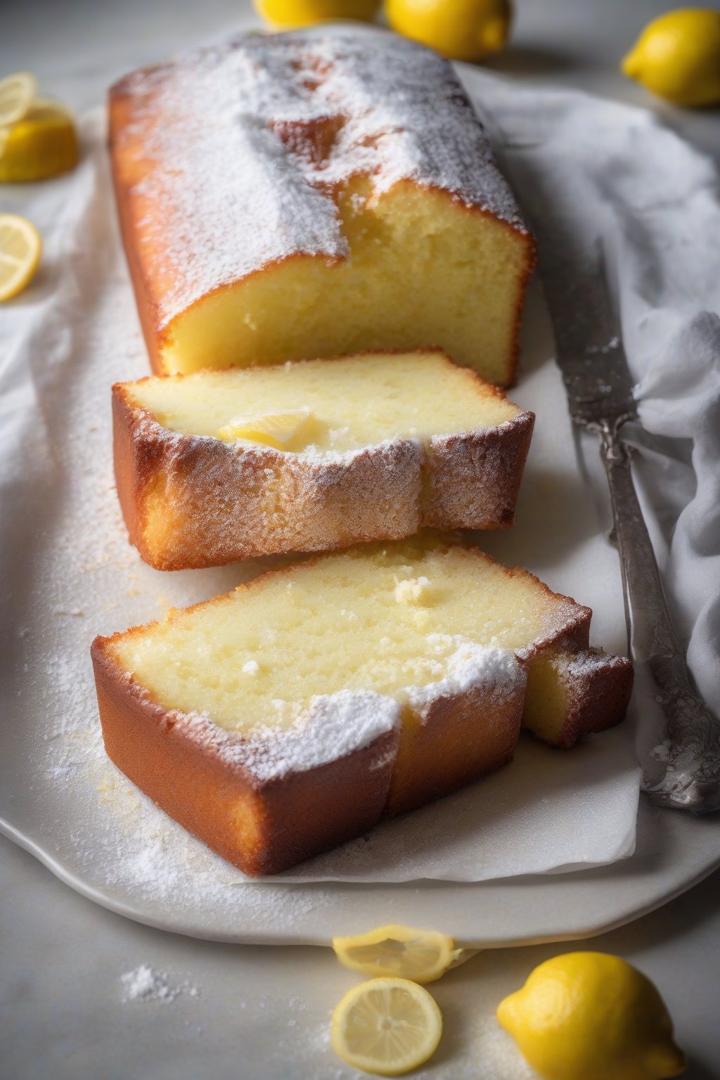 A high-resolution photo of Ina's lemon yogurt cake sliced, powdered sugar dusting, under soft lighting.