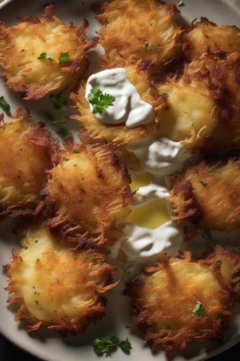 A high-resolution photo of golden Smitten Kitchen potato latkes with sour cream and applesauce, under soft lighting.