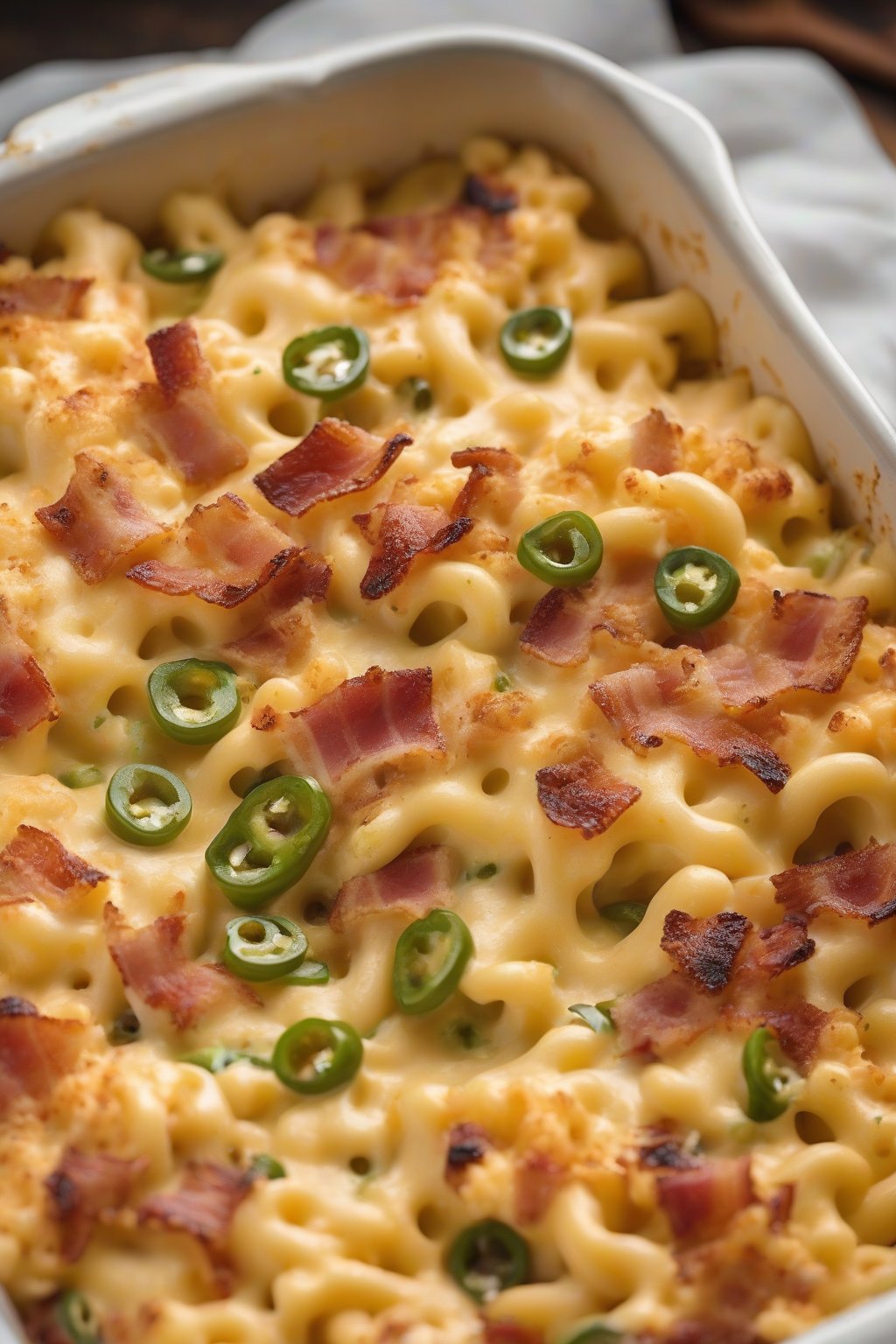 A high-resolution photo of spicy bacon jalapeño mac and cheese fresh from the oven, with crispy edges and green flecks, under soft lighting.