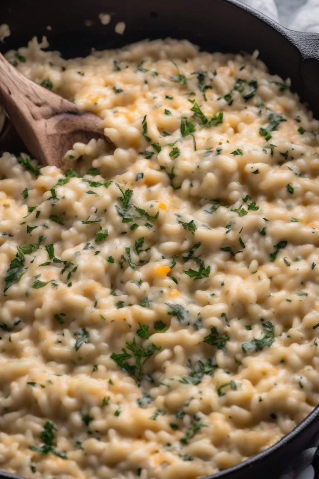A high-resolution photo of cheesy baked risotto from Half Baked Harvest in a cast-iron skillet, herbs scattered, under soft lighting.