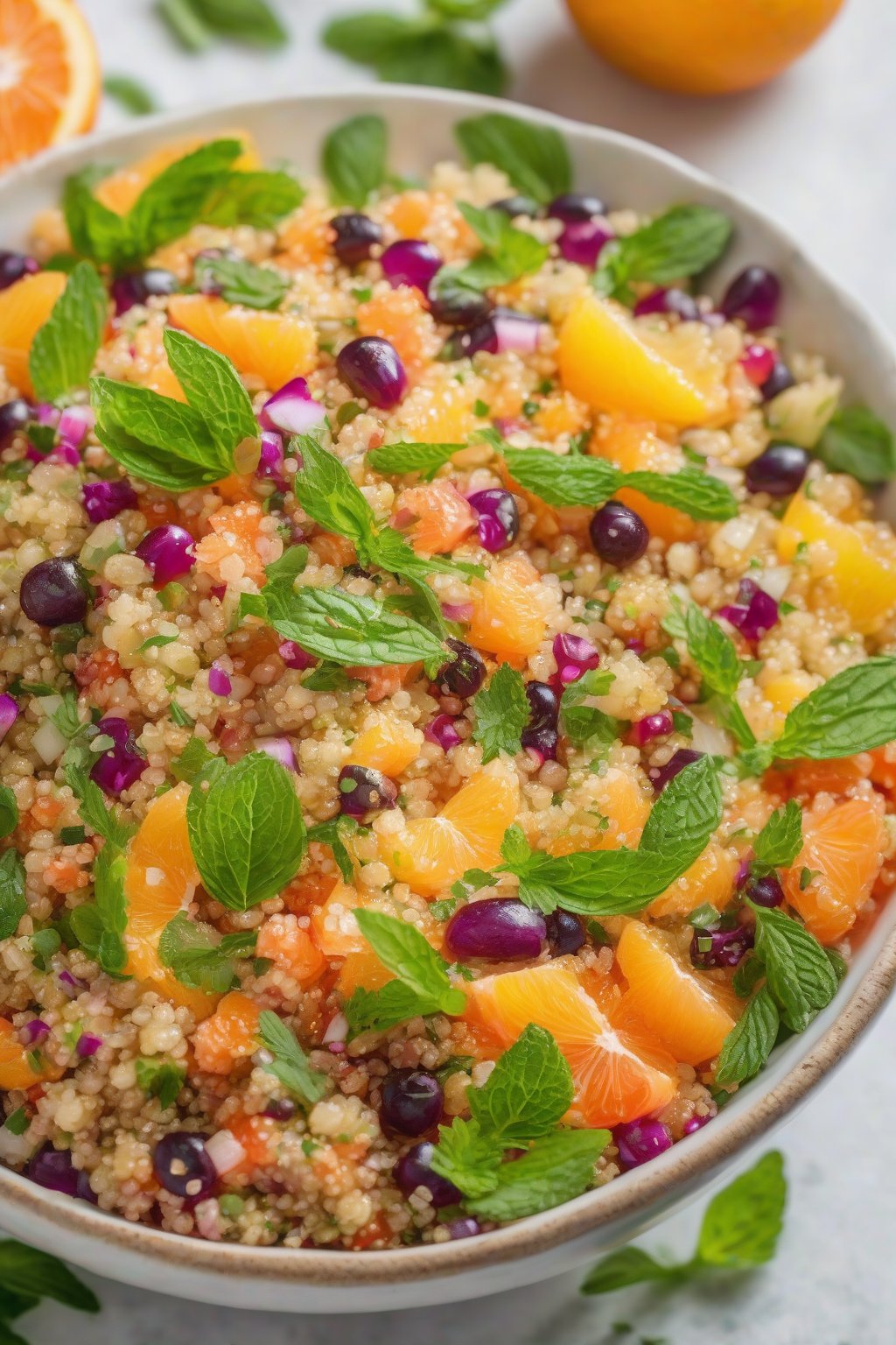 A high-resolution photo of a colorful citrus quinoa salad in a white bowl, garnished with mint leaves, under soft lighting.