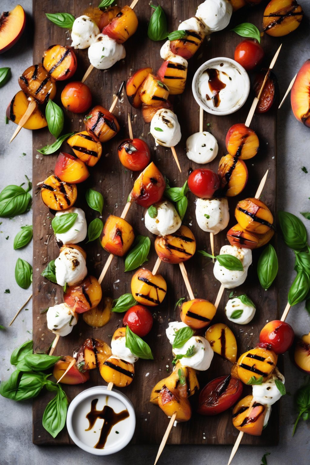 A high-resolution photo of grilled peach and burrata Caprese skewers on a wooden board, drizzled with balsamic, under soft lighting.