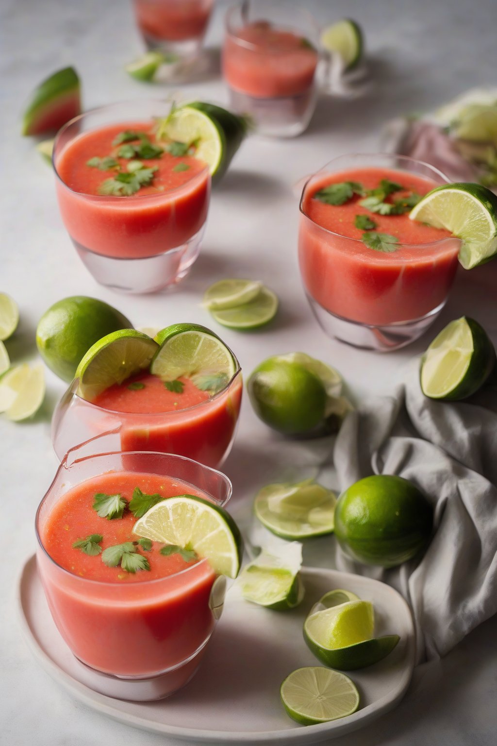 A high-resolution photo of spicy watermelon gazpacho in clear glasses with lime wedges, under soft lighting.