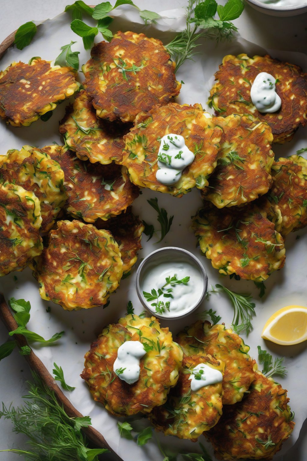 A high-resolution photo of golden zucchini fritters stacked with yogurt dip on the side, sprinkled with herbs, under soft lighting.