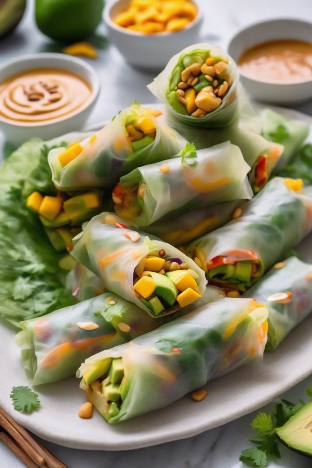 A high-resolution photo of vibrant mango avocado spring rolls on a platter with peanut sauce, under soft lighting.