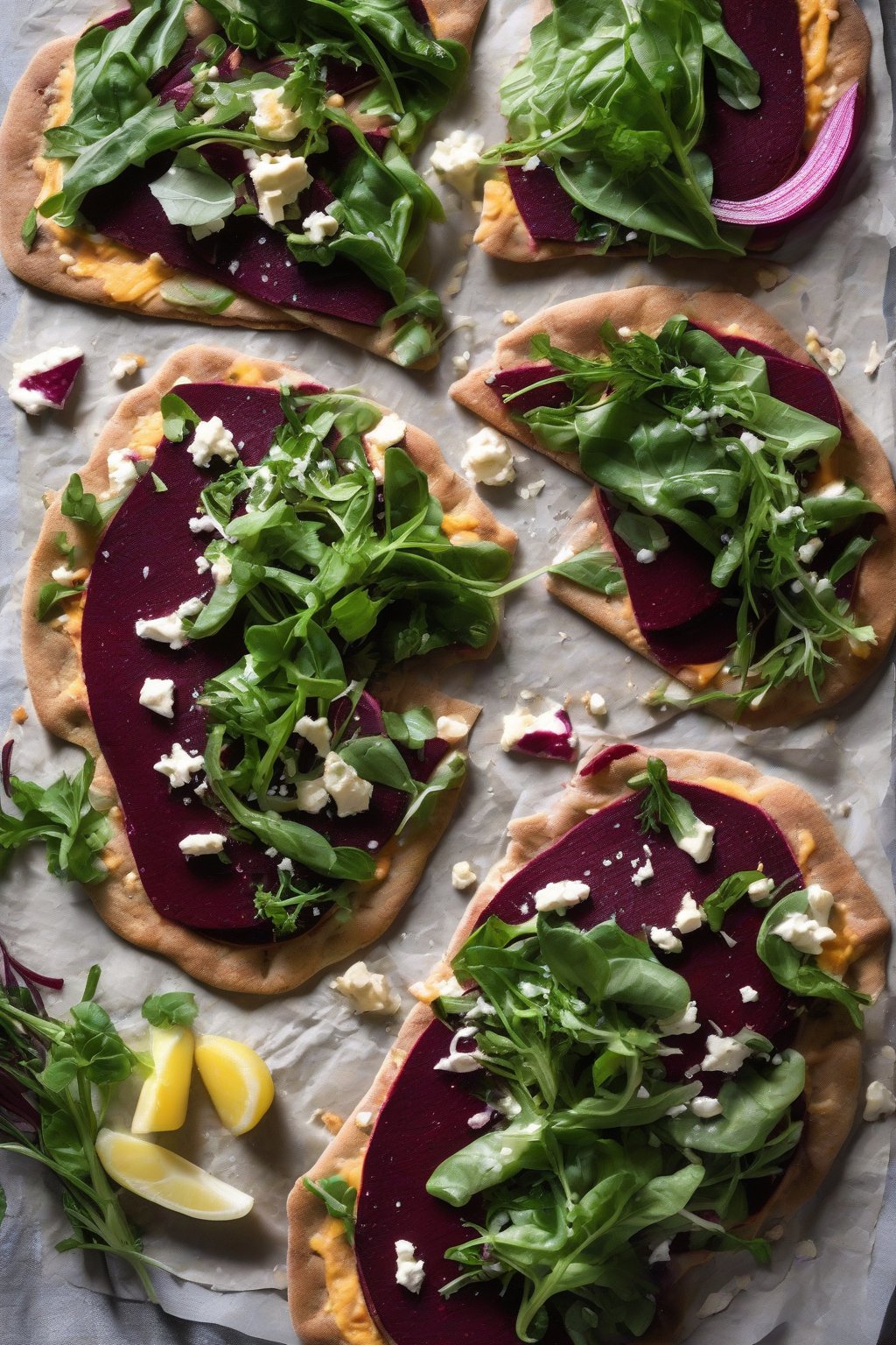 A high-resolution photo of roasted beet hummus flatbreads topped with greens and cheese, under soft lighting.