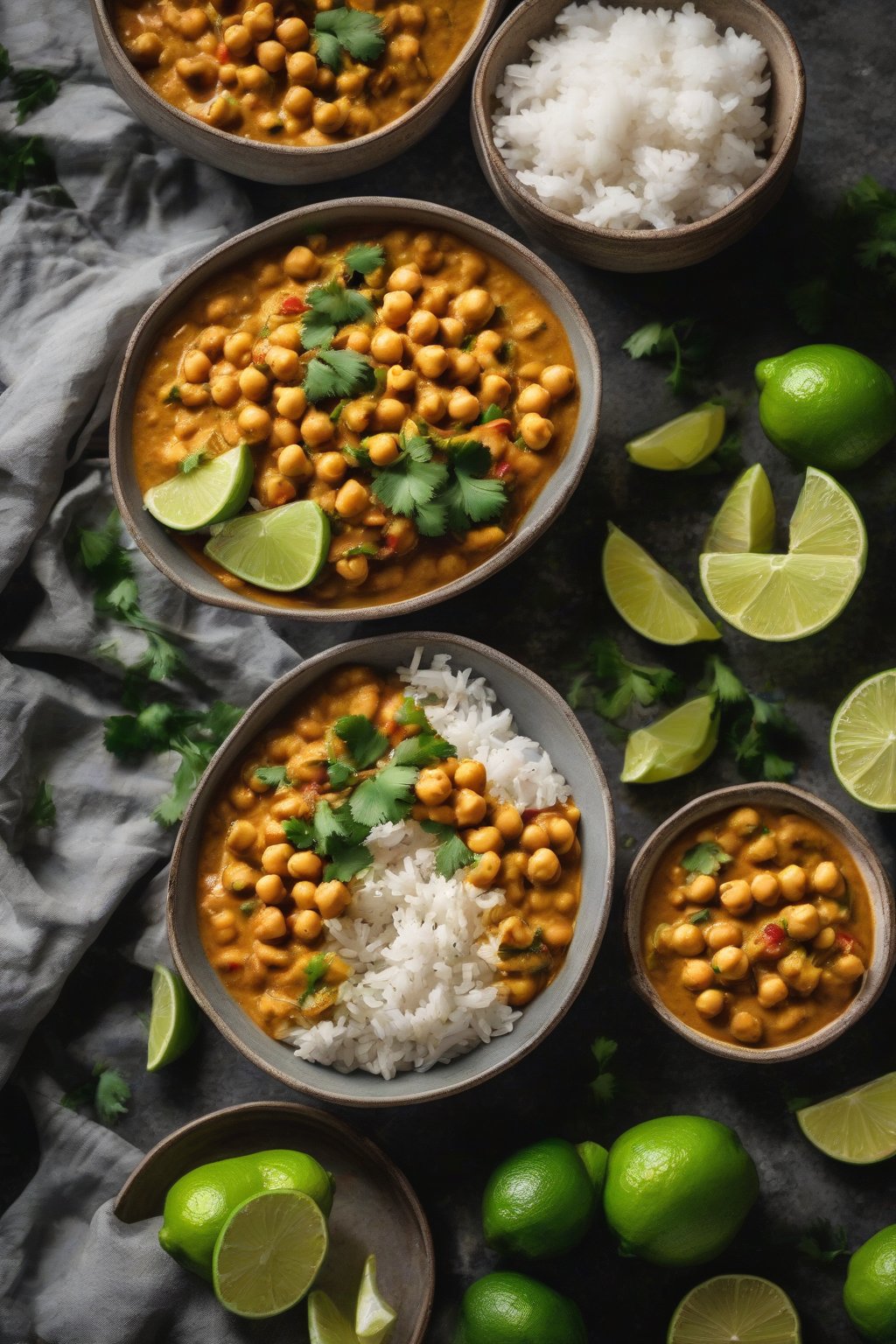 A high-resolution photo of coconut lime chickpea curry in a bowl with rice and lime wedges, under soft lighting.