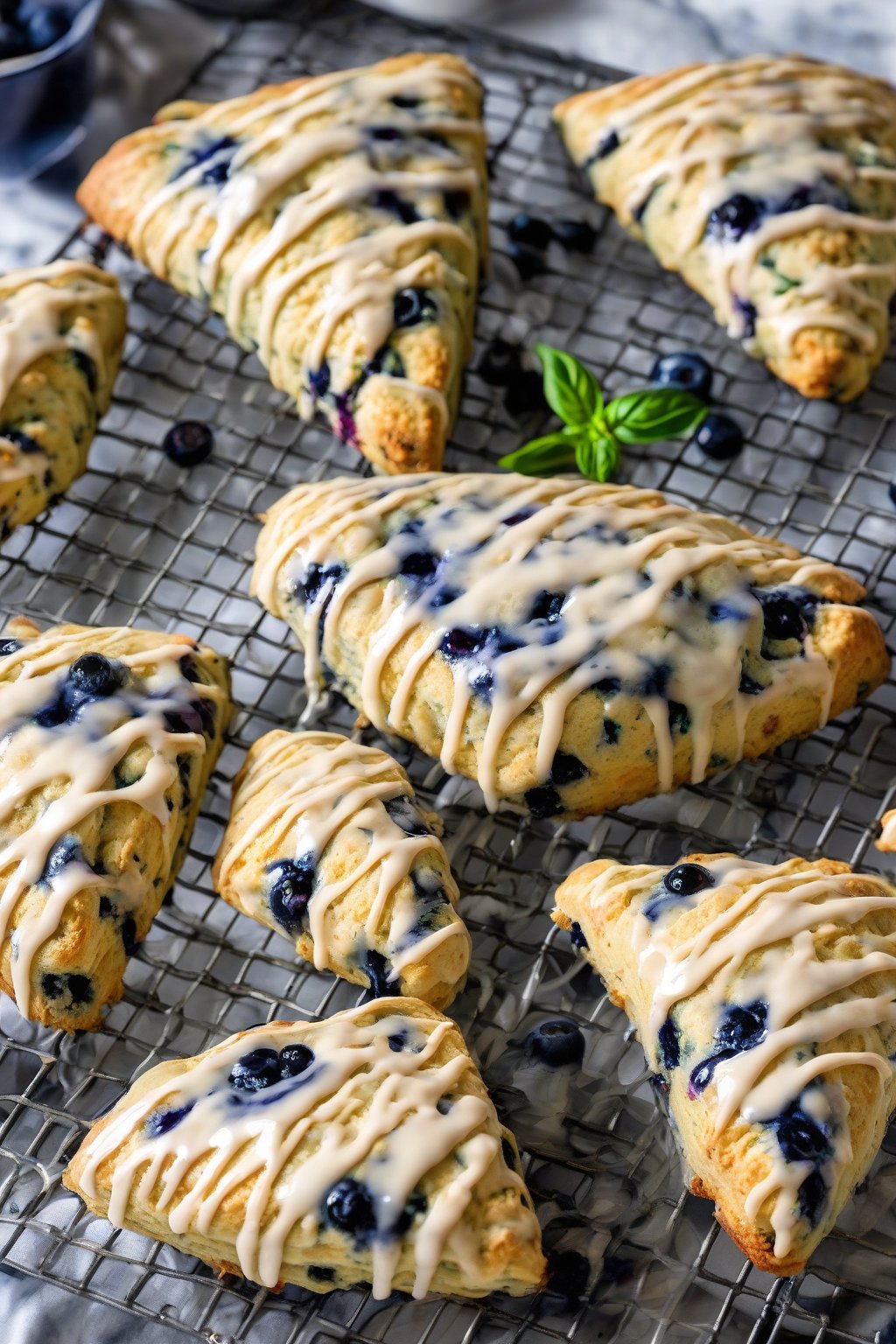 A high-resolution photo of golden blueberry basil scones on a cooling rack with glaze drizzle, under soft lighting.