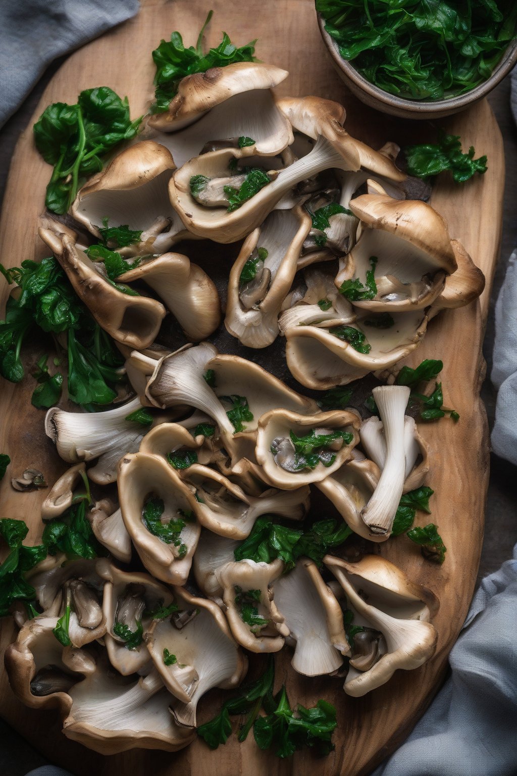 A high-resolution photo of garlic butter oyster mushrooms on rustic toast with greens, under soft lighting.