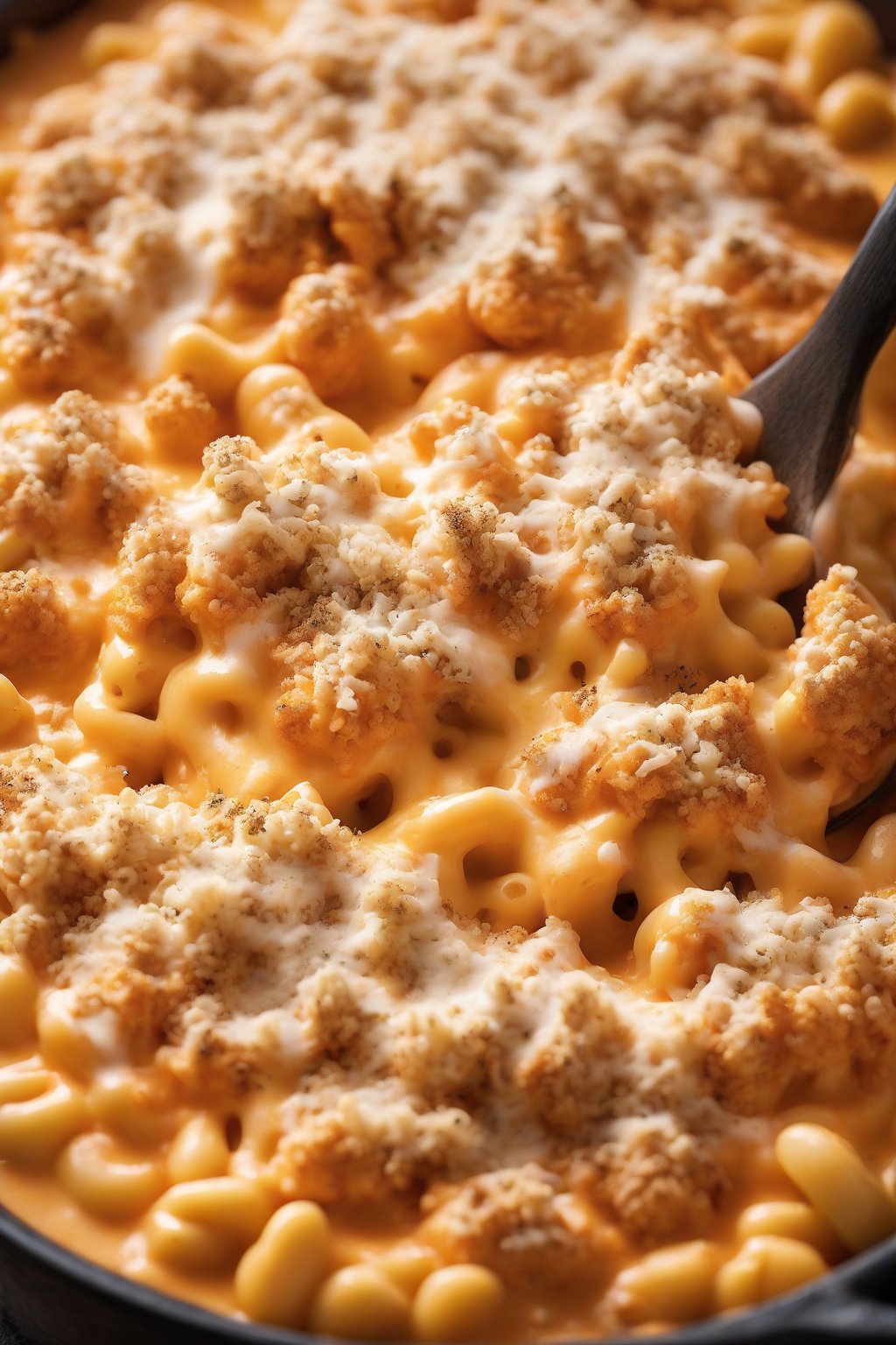 A high-resolution photo of buffalo chicken mac and cheese with fiery orange sauce and crumbly topping, steam rising, under soft lighting.