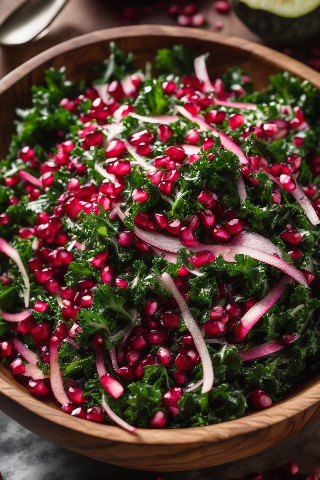 A high-resolution photo of vibrant pomegranate kale slaw in a wooden bowl, under soft lighting.