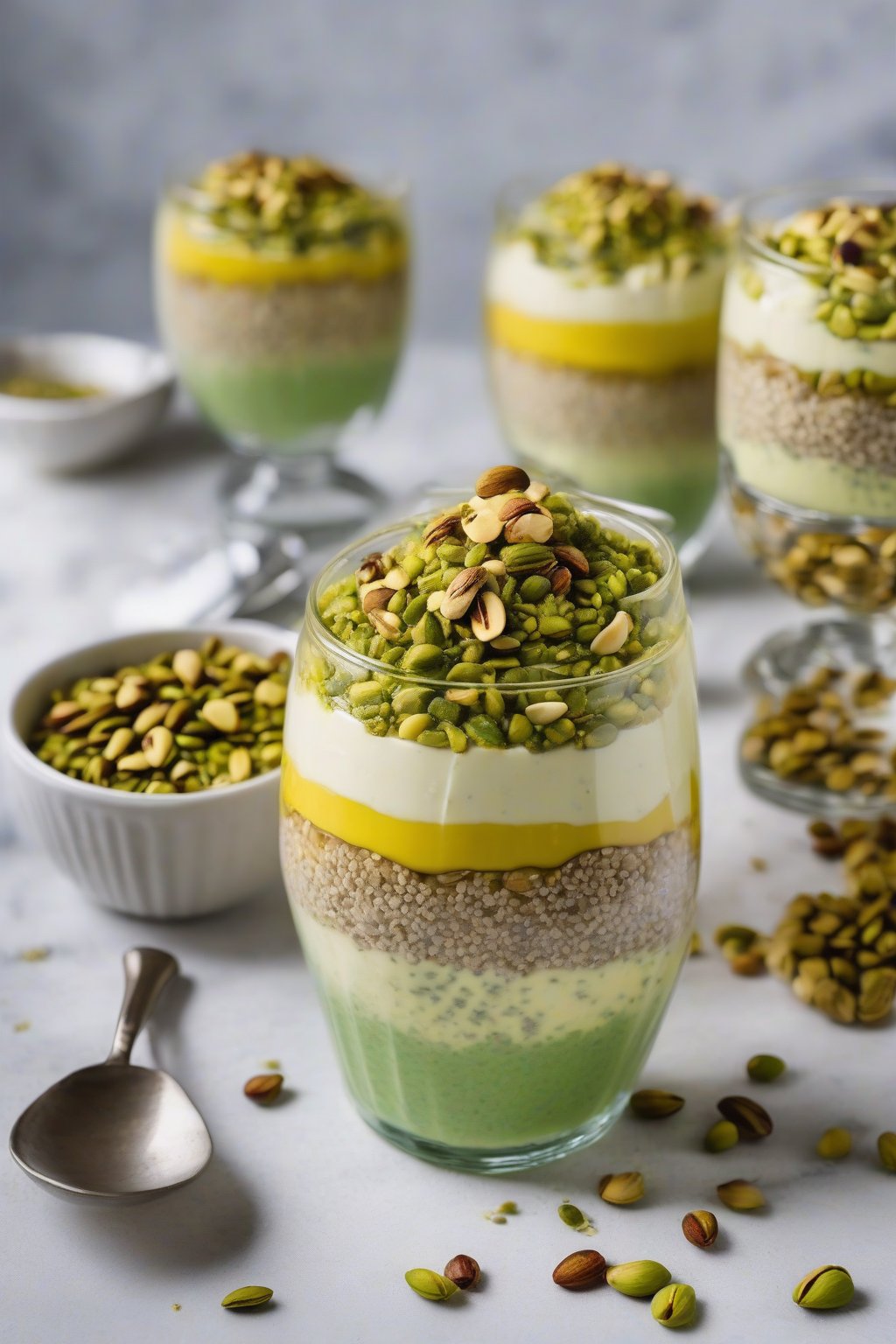 A high-resolution photo of layered golden milk chia pudding in glasses with pistachio topping, under soft lighting.