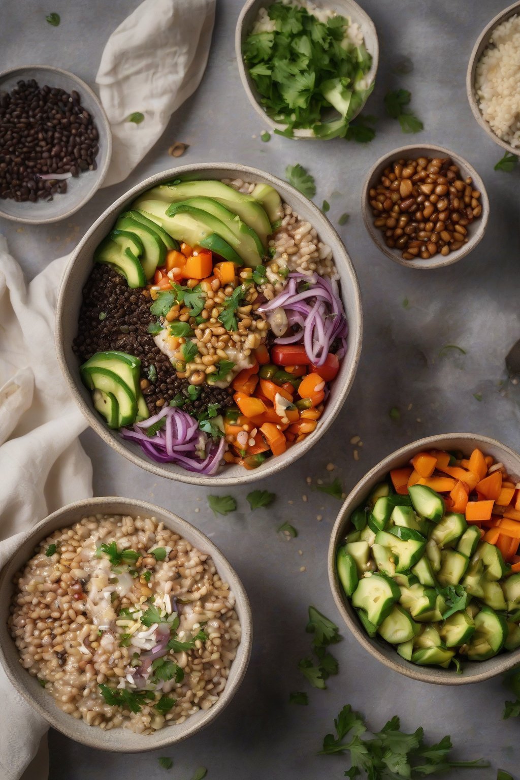 A high-resolution photo of smoky baba ganoush bowls with grains and veggies, under soft lighting.