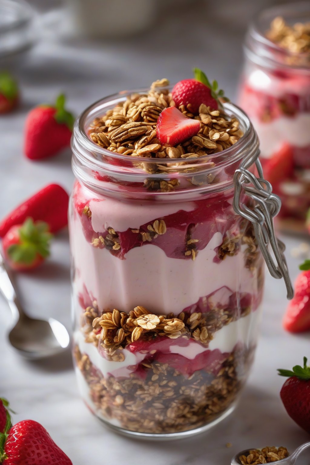 A high-resolution photo of strawberry rhubarb parfait in clear jars with granola sprinkle, under soft lighting.