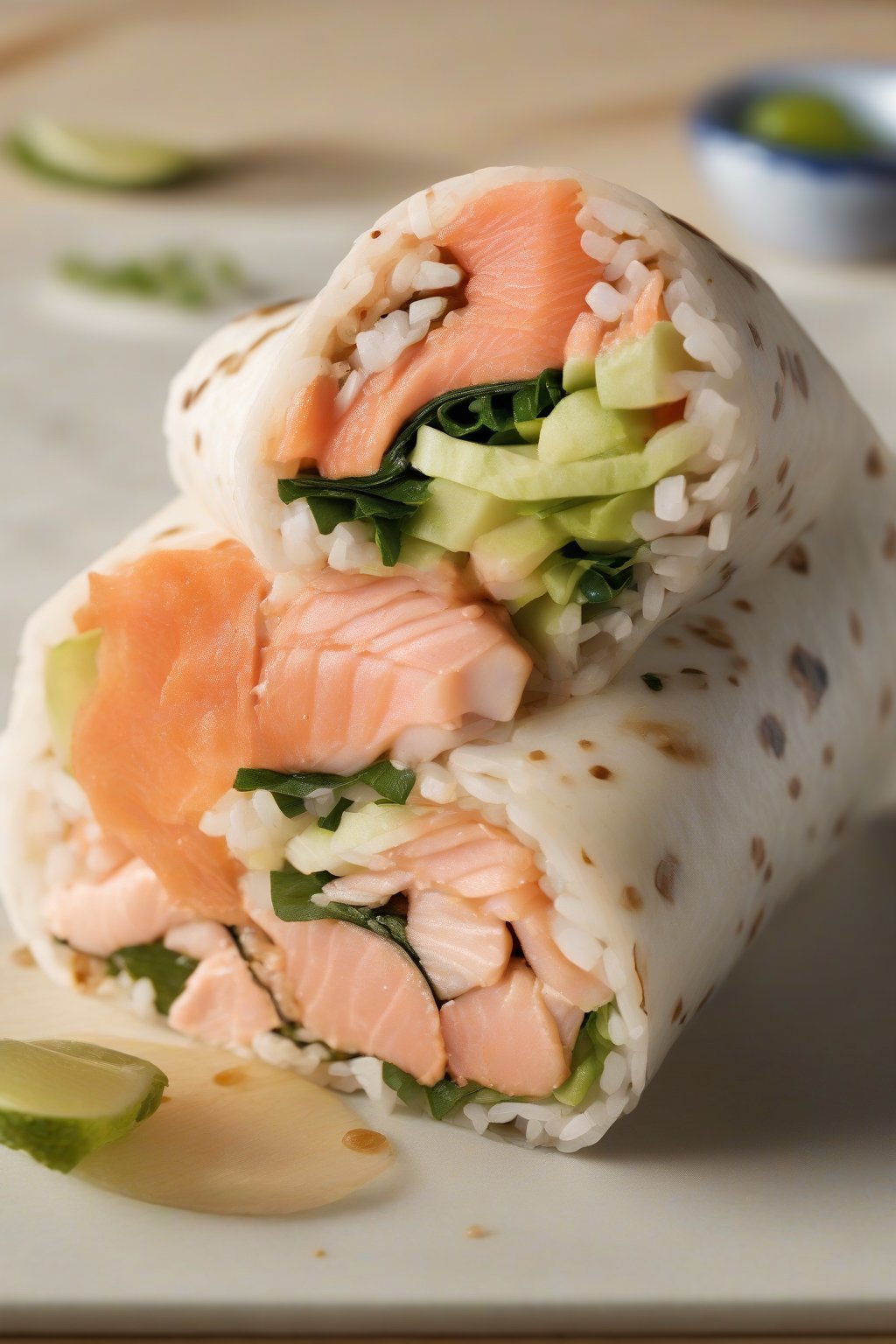 A high-resolution photo of sliced miso salmon sushi burrito revealing fillings, under soft lighting.