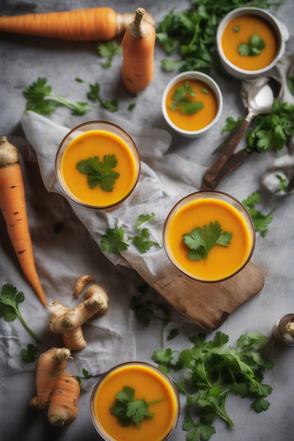 A high-resolution photo of carrot ginger soup shooters garnished with cilantro, under soft lighting.