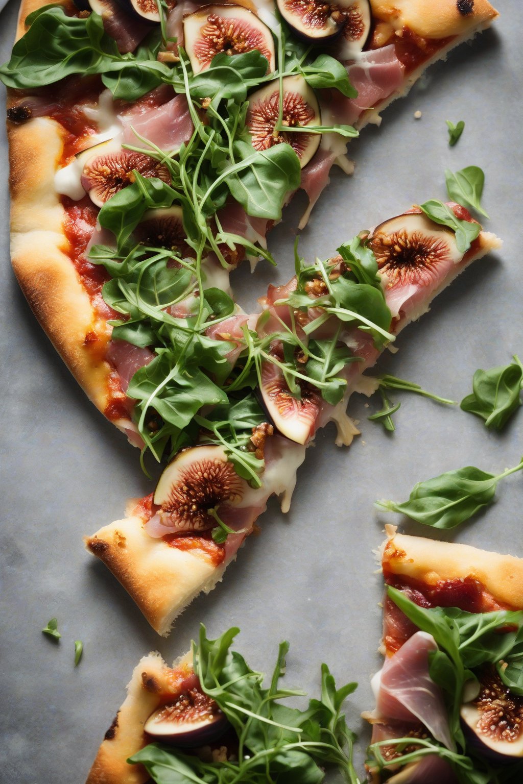 A high-resolution photo of fig prosciutto pizza slice with arugula, under soft lighting.
