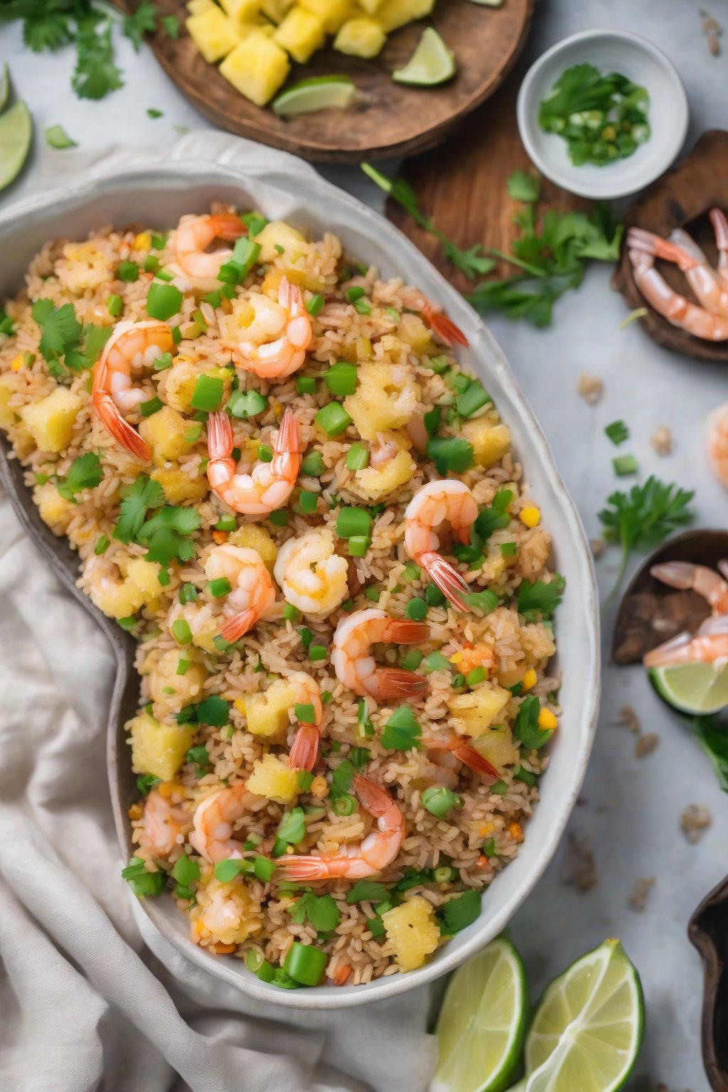 A high-resolution photo of pineapple cauliflower fried rice in a bowl with shrimp, under soft lighting.