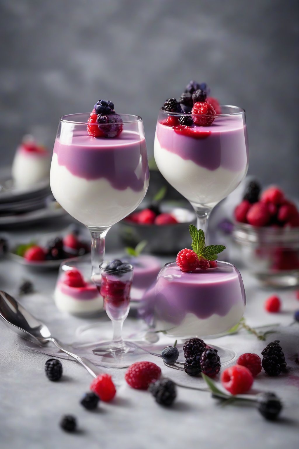 A high-resolution photo of lavender panna cotta with berry topping in elegant glasses, under soft lighting.