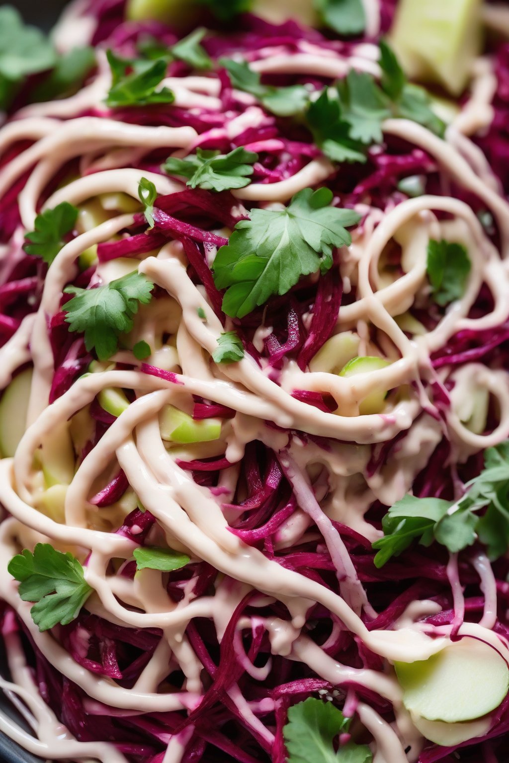 A close-up photo of spiralized beetroot and apple slaw topped with tahini drizzle under soft lighting.