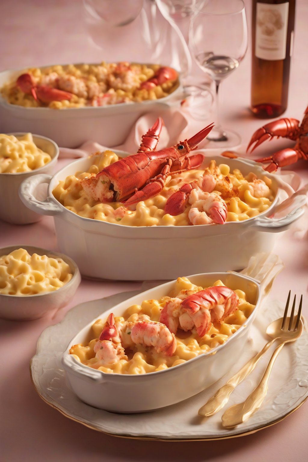 A high-resolution photo of lobster mac and cheese showcasing chunks of pink lobster in a golden bake, elegant presentation, under soft lighting.